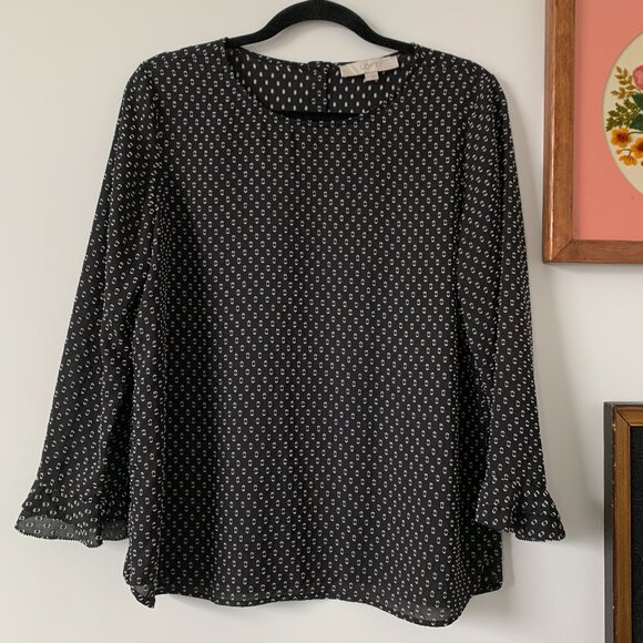 LOFT | Blouse size Small sheer black white textured dot ruffle ¾ sleeve - Picture 2 of 9